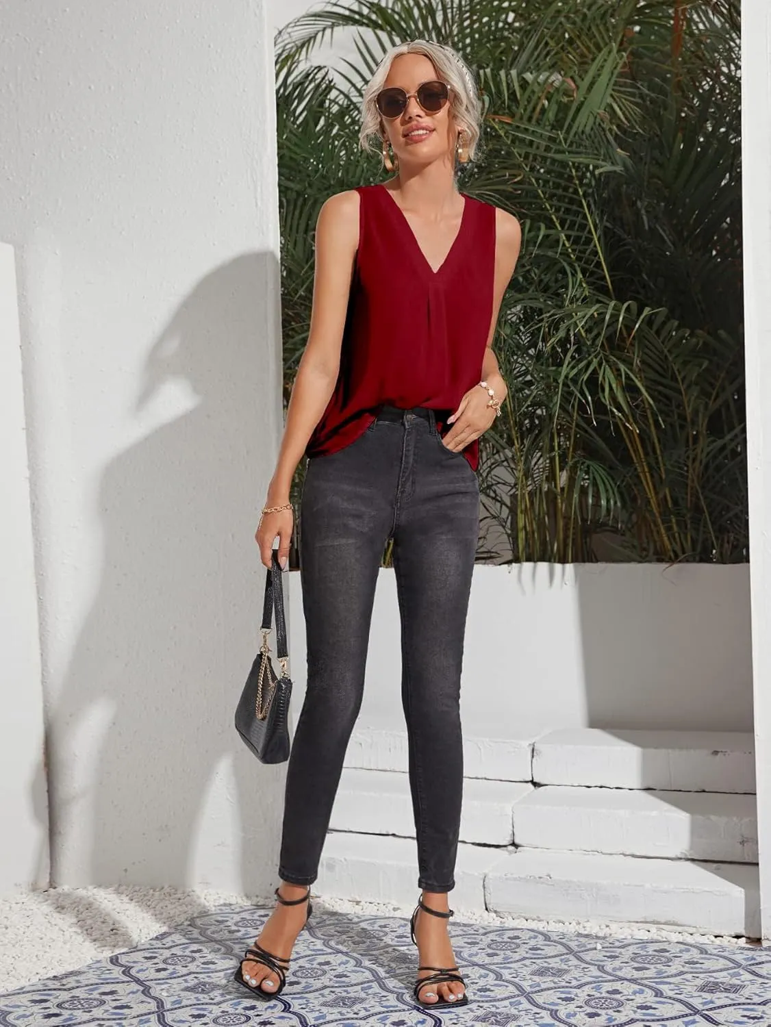 Milumia Women Sleeveless V Neck Work Office Blouse Pleated Tank Top Shirt