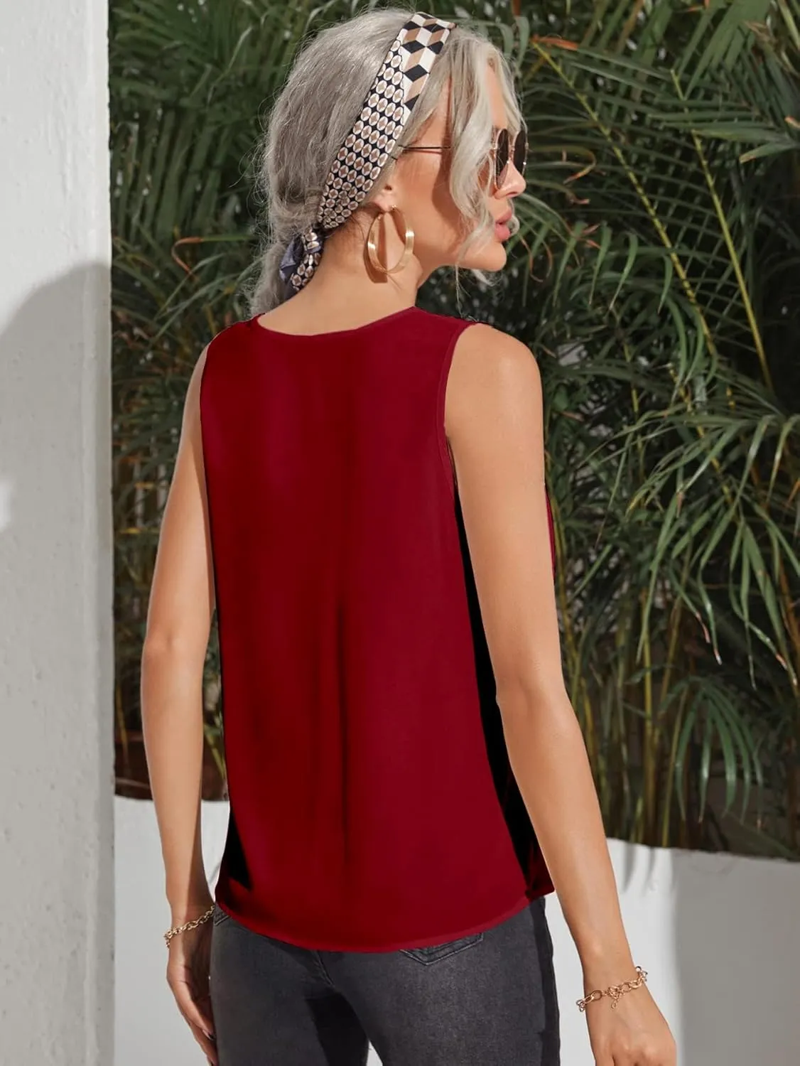 Milumia Women Sleeveless V Neck Work Office Blouse Pleated Tank Top Shirt