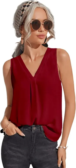 Milumia Women Sleeveless V Neck Work Office Blouse Pleated Tank Top Shirt
