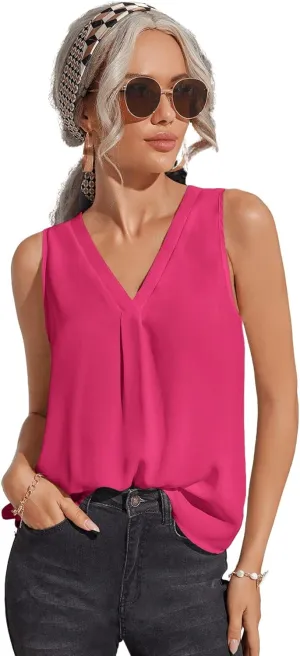 Milumia Women Sleeveless V Neck Work Office Blouse Pleated Tank Top Shirt