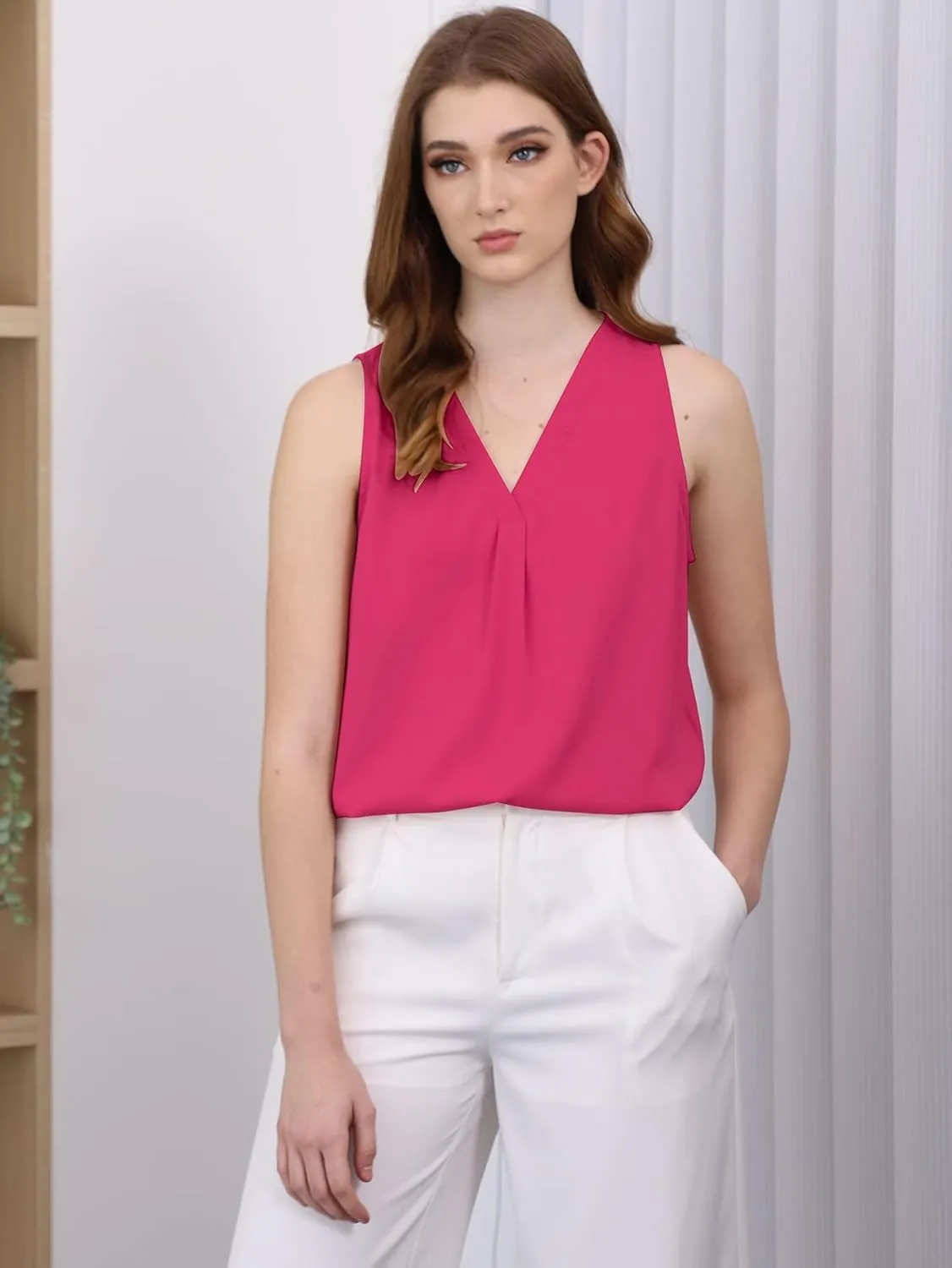 Milumia Women Sleeveless V Neck Work Office Blouse Pleated Tank Top Shirt