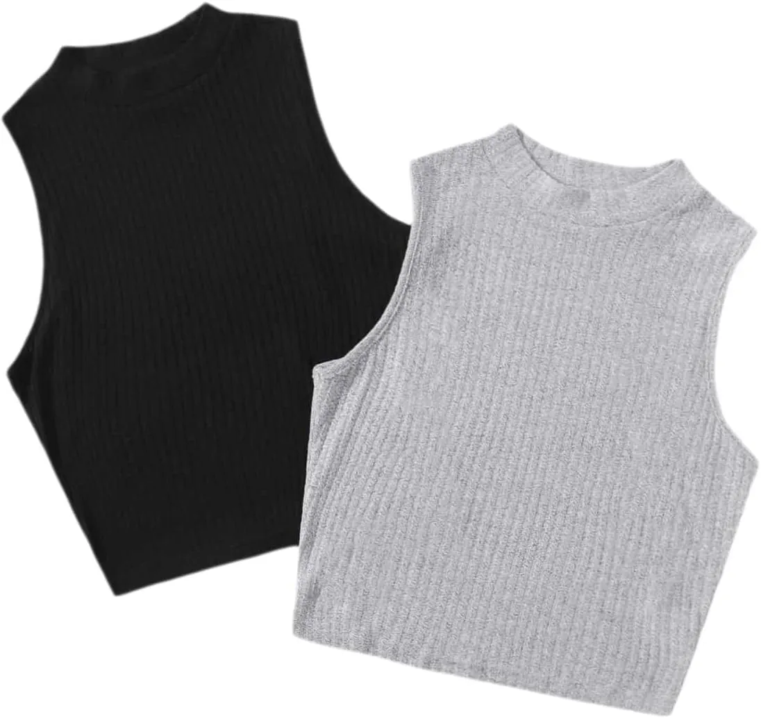 Milumia Women's 2 Pack Rib Knitted Tank Top Mock Neck Sleeveless Basic Tops