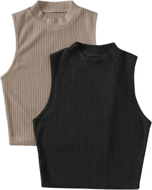 Milumia Women's 2 Pack Rib Knitted Tank Top Mock Neck Sleeveless Basic Tops