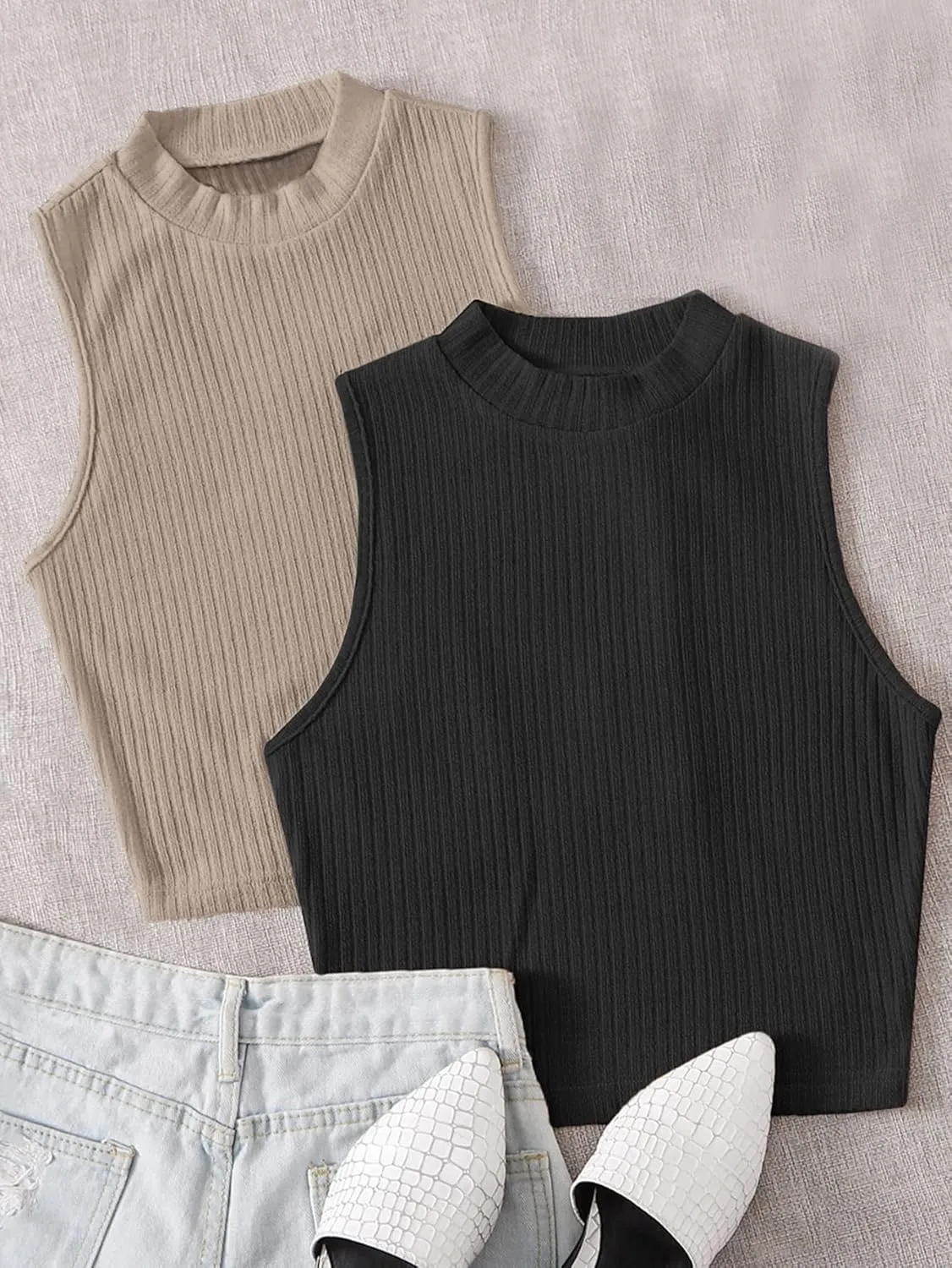 Milumia Women's 2 Pack Rib Knitted Tank Top Mock Neck Sleeveless Basic Tops