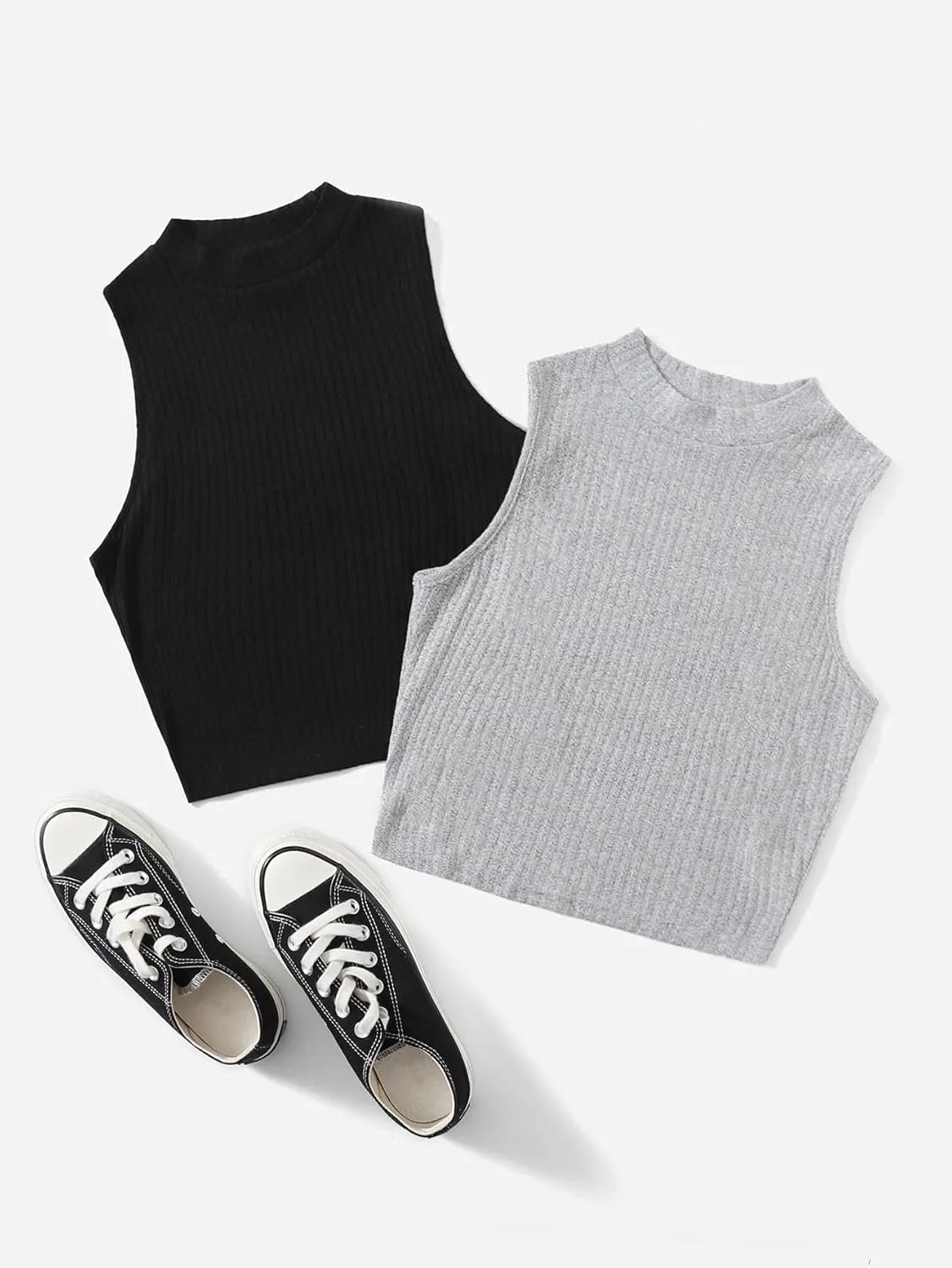 Milumia Women's 2 Pack Rib Knitted Tank Top Mock Neck Sleeveless Basic Tops