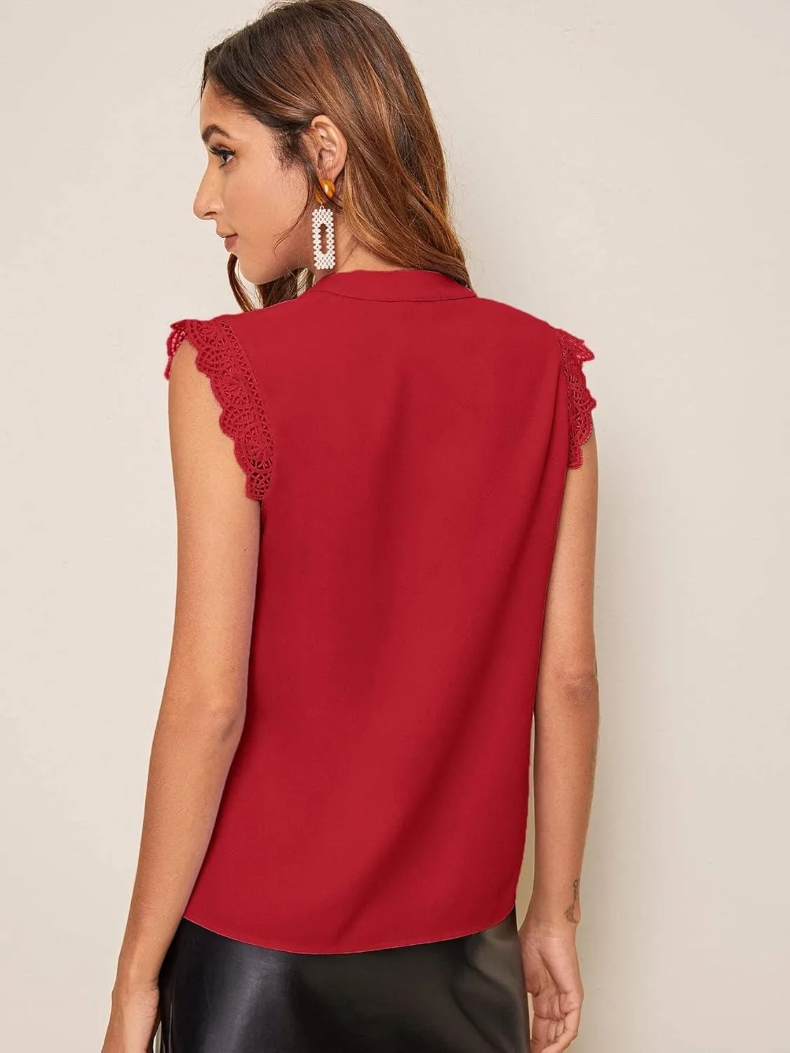 Milumia Women's Elegant Notch V Neck Sleeveless Blouse Guipure Lace Work Office Top