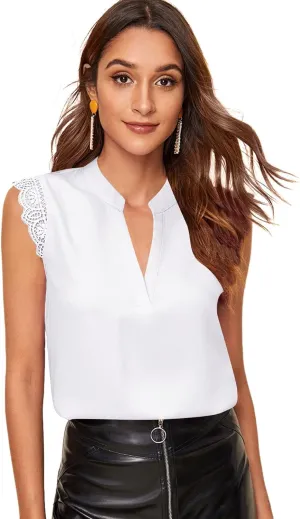 Milumia Women's Elegant Notch V Neck Sleeveless Blouse Guipure Lace Work Office Top