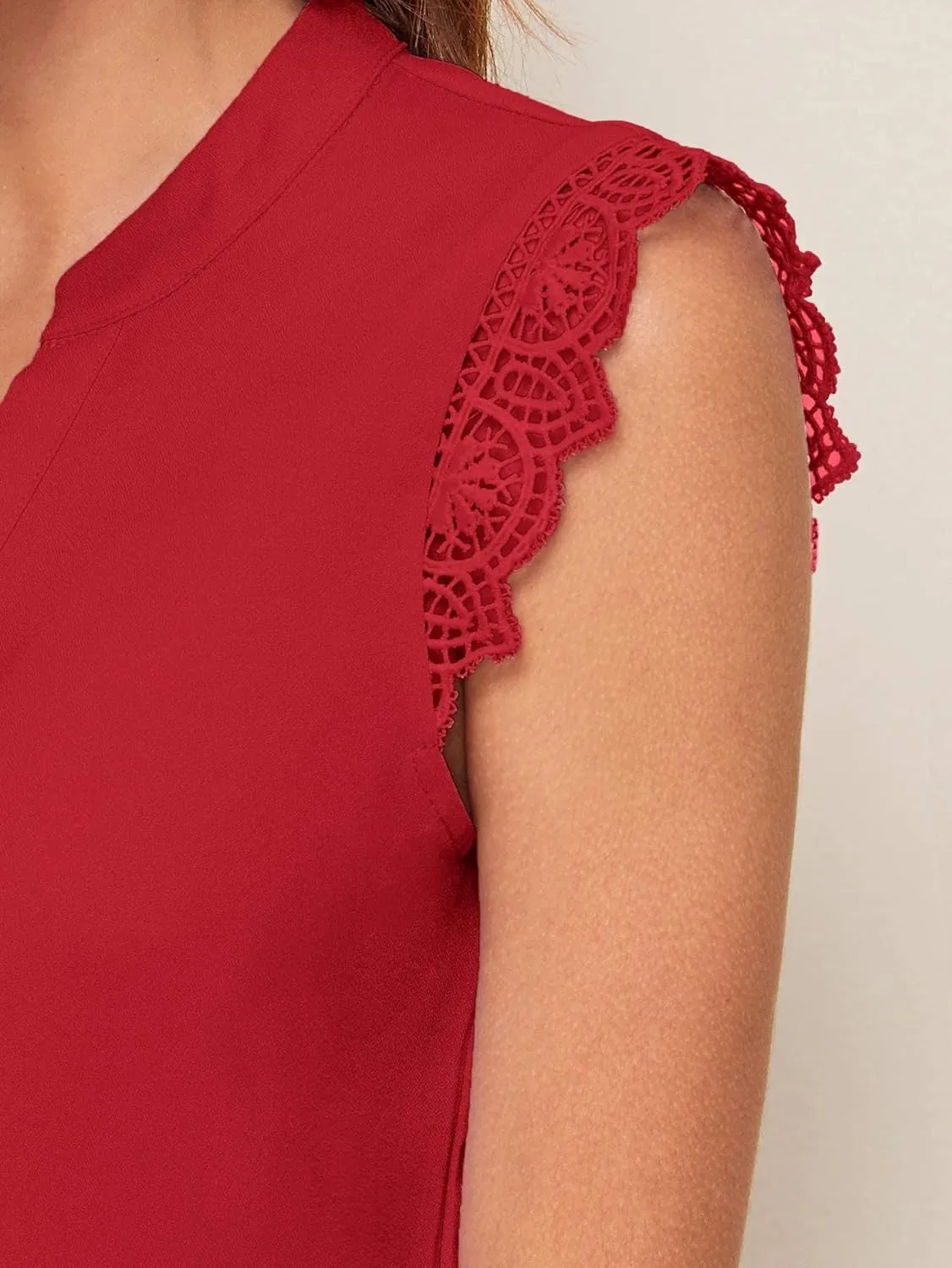 Milumia Women's Elegant Notch V Neck Sleeveless Blouse Guipure Lace Work Office Top
