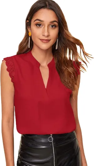 Milumia Women's Elegant Notch V Neck Sleeveless Blouse Guipure Lace Work Office Top