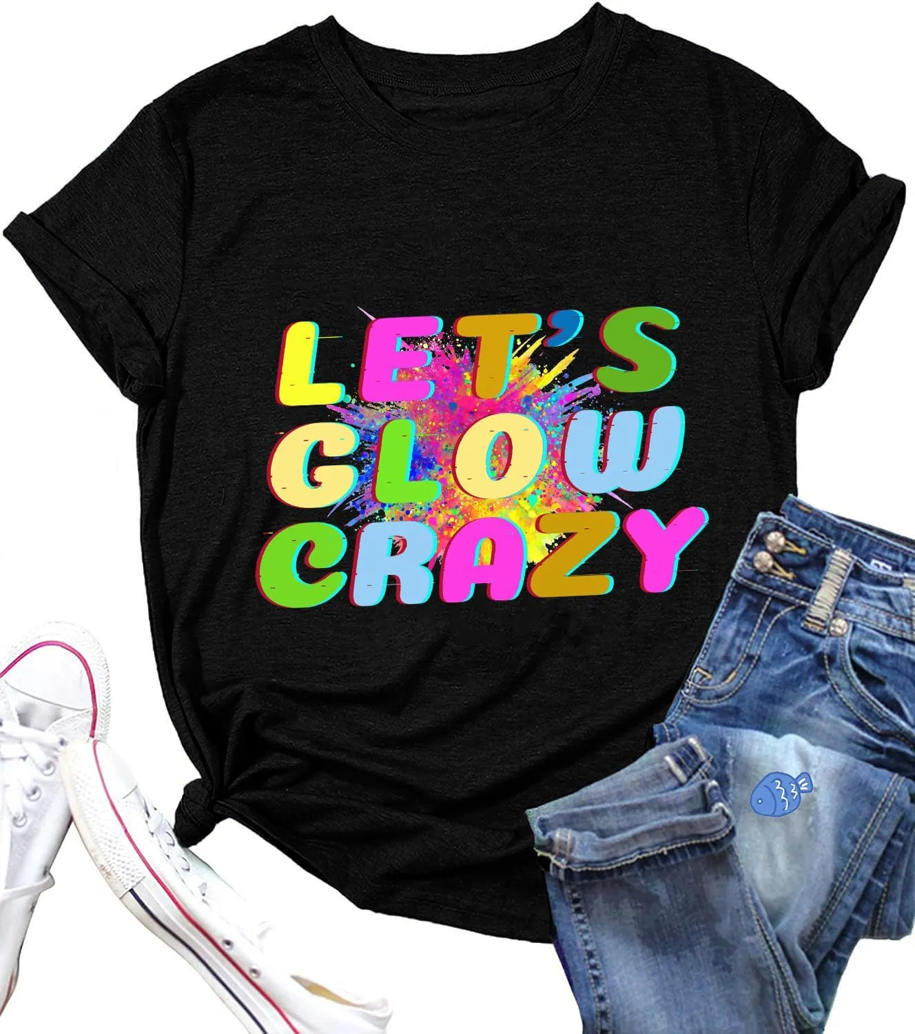 Pingyongchang Let's Glow Crazy Long-Sleeve Shirt for Women 80 90's Vintage Shirt Graphic Top print letters don't glow