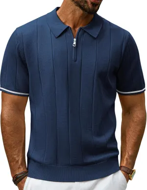PJ PAUL JONES Mens Polo Shirts Quarter Zip Knit Shirt Vintage Short Sleeve Summer Shirt