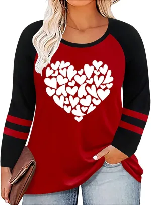 Plus Size Valentines Shirt for Women Cute Love Heart Graphic T-Shirt Long Sleeve Shirts for Her