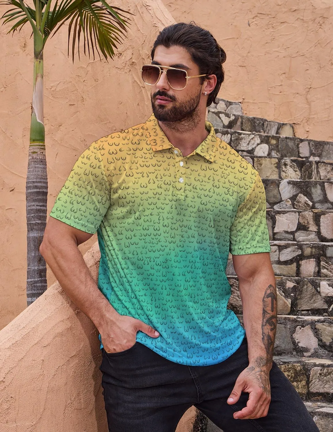 Polo Shirts for Men Moisture Wicking Fun Printed Short Sleeve Performance Mens Golf Shirts Quick Dry
