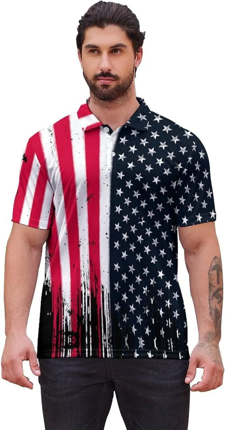 Polo Shirts for Men Moisture Wicking Fun Printed Short Sleeve Performance Mens Golf Shirts Quick Dry