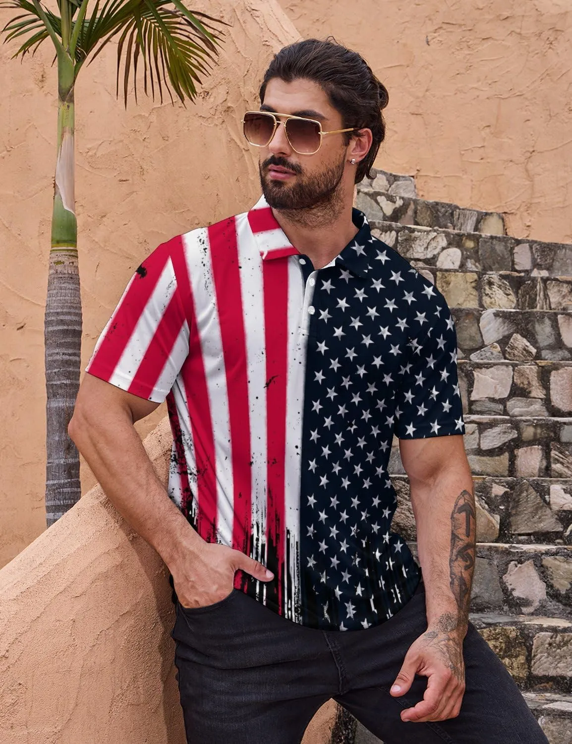 Polo Shirts for Men Moisture Wicking Fun Printed Short Sleeve Performance Mens Golf Shirts Quick Dry