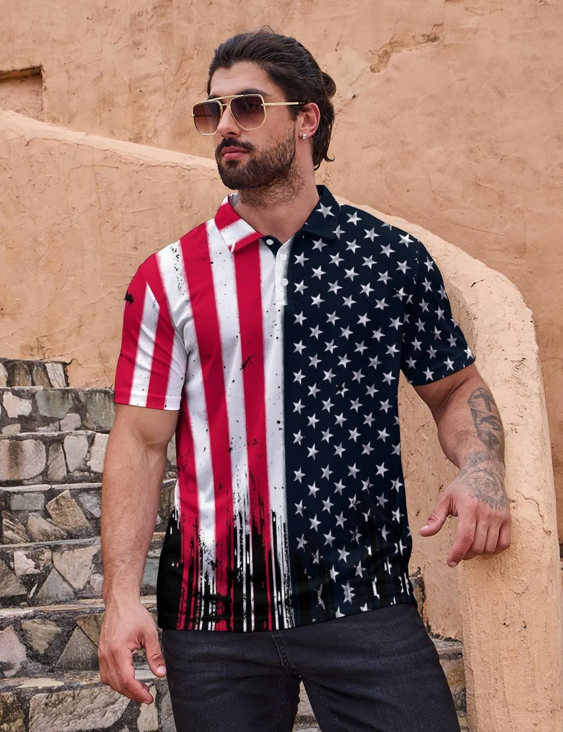 Polo Shirts for Men Moisture Wicking Fun Printed Short Sleeve Performance Mens Golf Shirts Quick Dry