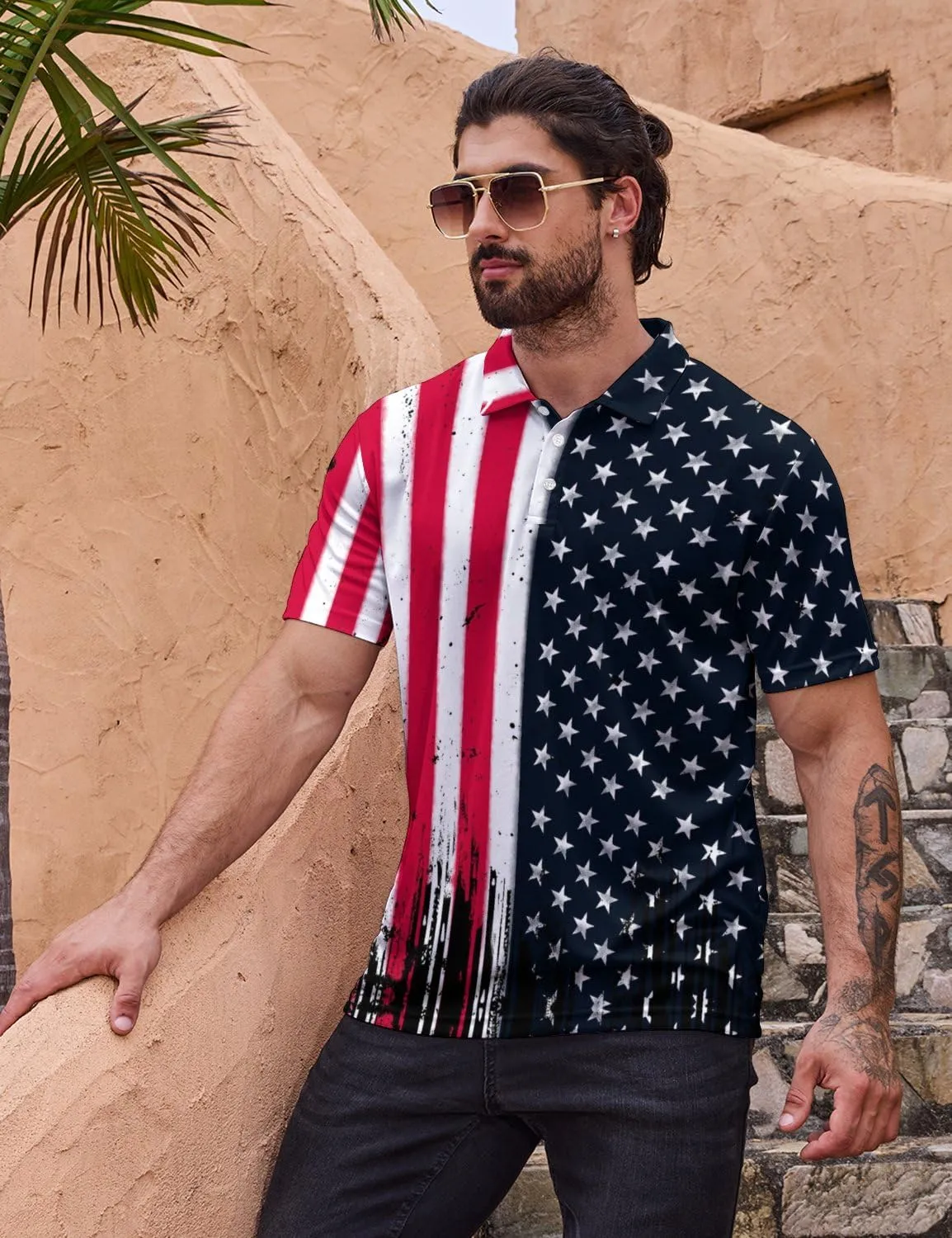 Polo Shirts for Men Moisture Wicking Fun Printed Short Sleeve Performance Mens Golf Shirts Quick Dry