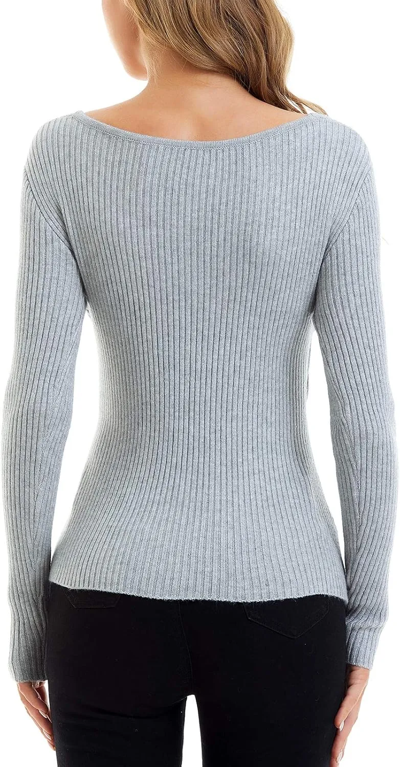 QUALFORT Women's Sexy V-Neck Sweater Knit Wrap Tops for Women Slim Fit Pullover Top