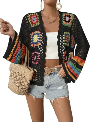 SHENHE Women's Floral Crochet Cardigan Hollow Out Open Front Long Sleeve Cardigan Sweater