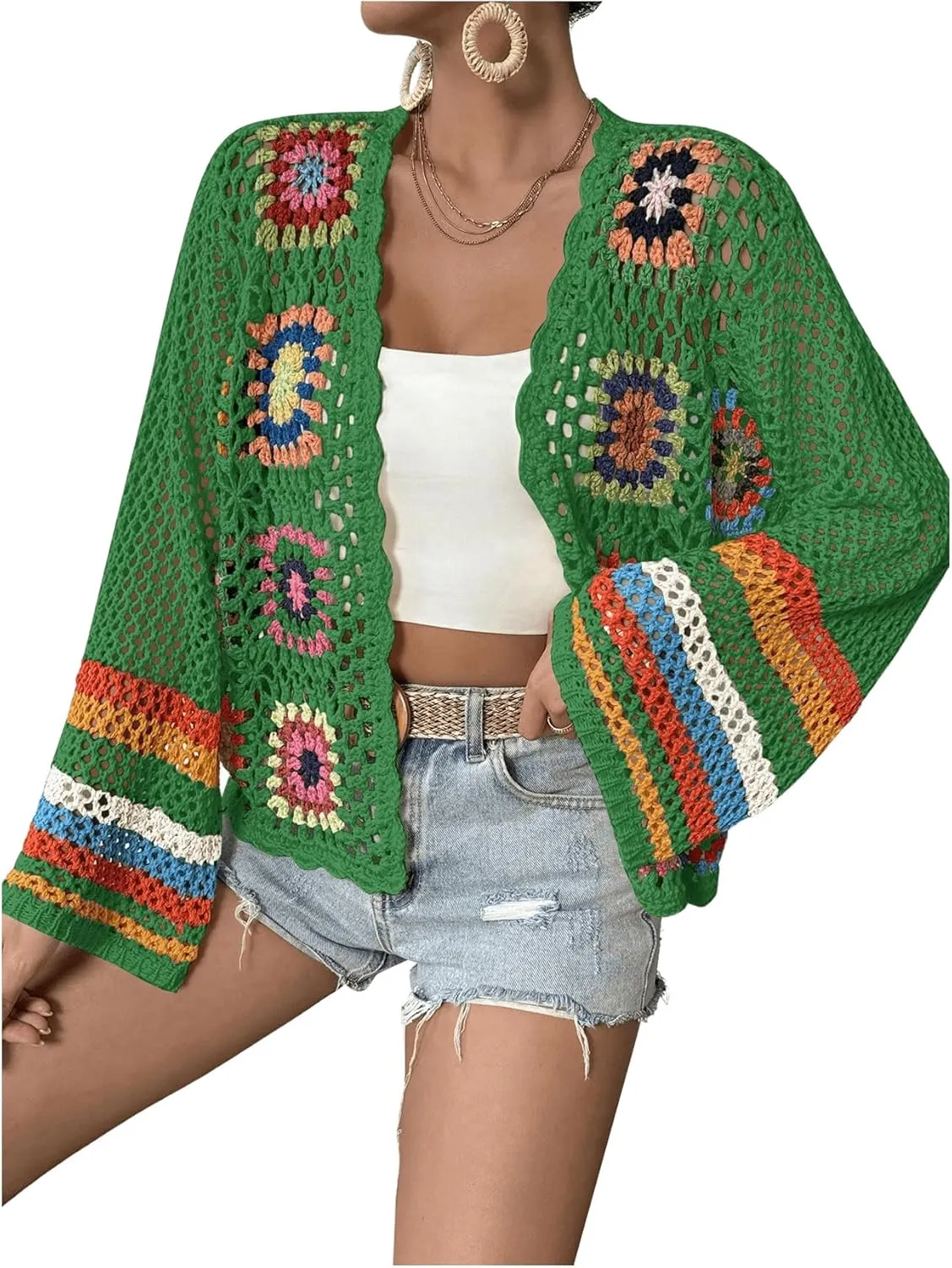 SHENHE Women's Floral Crochet Cardigan Hollow Out Open Front Long Sleeve Cardigan Sweater