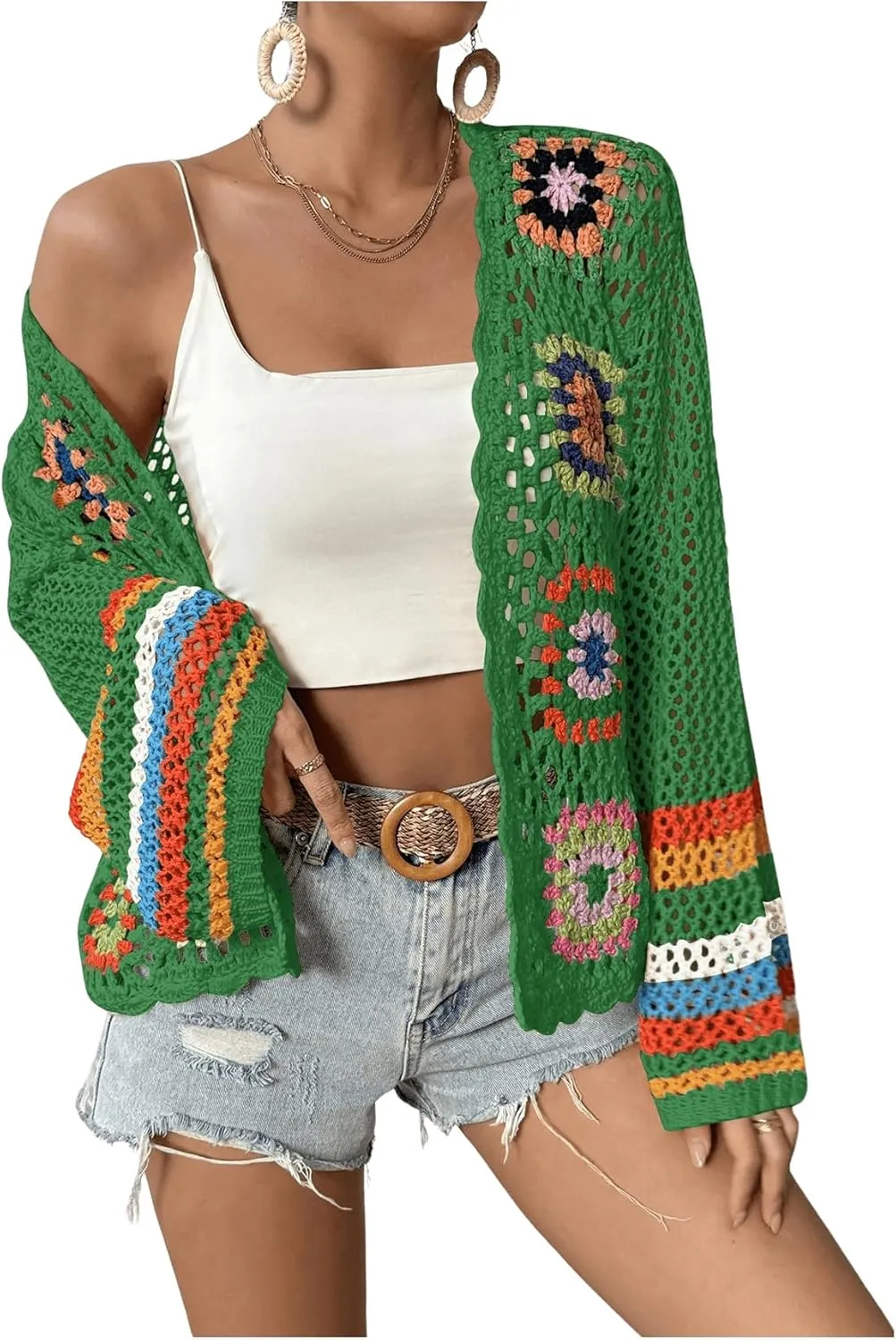 SHENHE Women's Floral Crochet Cardigan Hollow Out Open Front Long Sleeve Cardigan Sweater