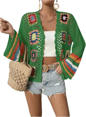 SHENHE Women's Floral Crochet Cardigan Hollow Out Open Front Long Sleeve Cardigan Sweater