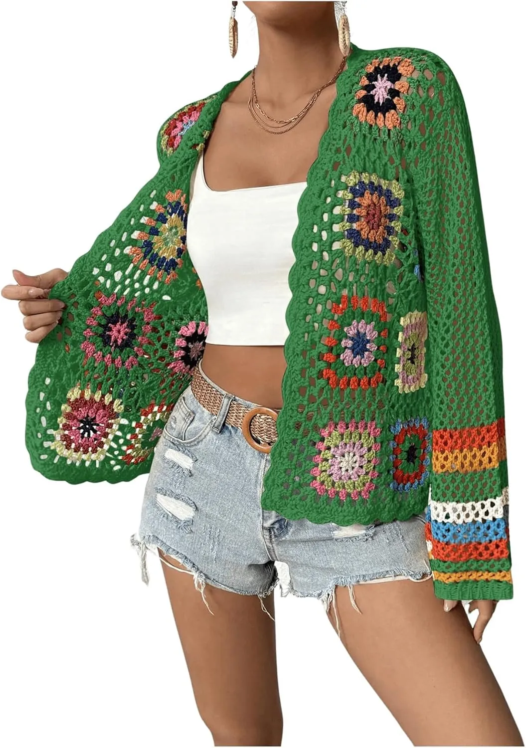 SHENHE Women's Floral Crochet Cardigan Hollow Out Open Front Long Sleeve Cardigan Sweater