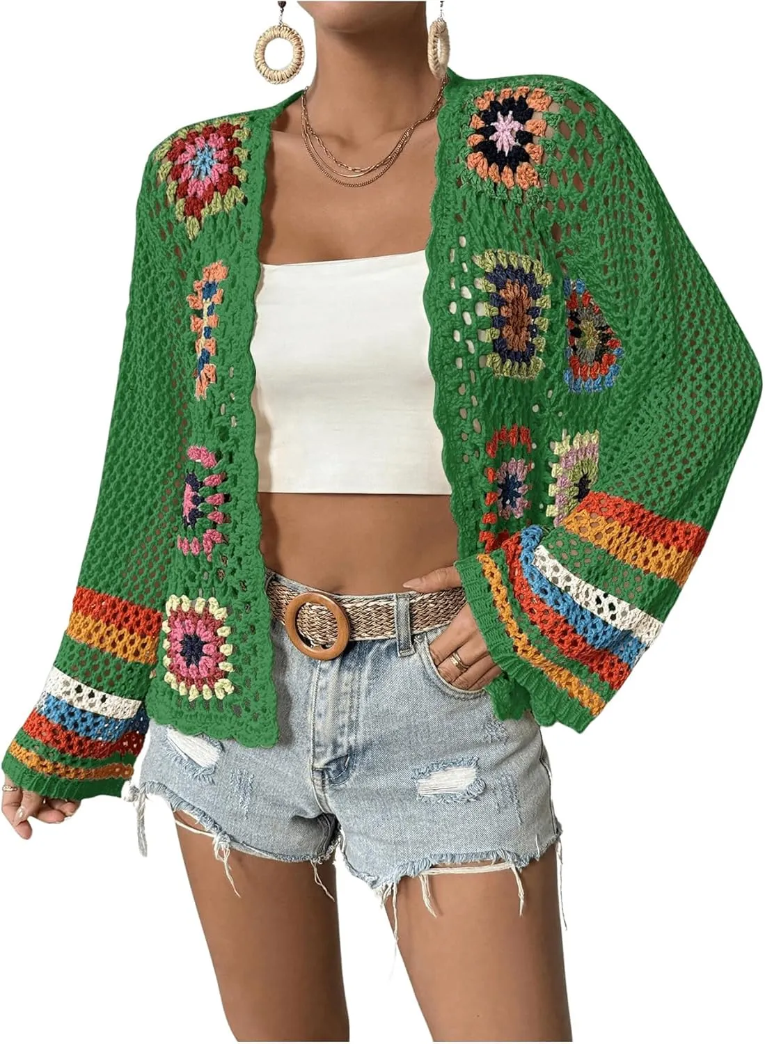 SHENHE Women's Floral Crochet Cardigan Hollow Out Open Front Long Sleeve Cardigan Sweater