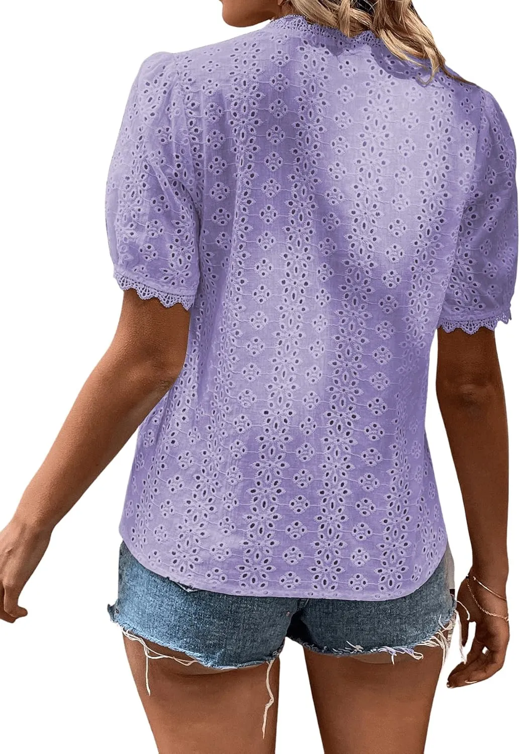 SweatyRocks Women's Casual Short Sleeve V Neck Shirt Eyelet Lace Trim Blouse Top