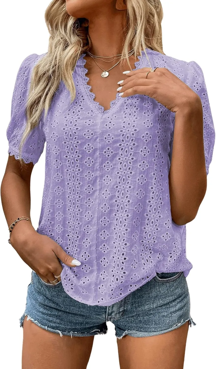 SweatyRocks Women's Casual Short Sleeve V Neck Shirt Eyelet Lace Trim Blouse Top