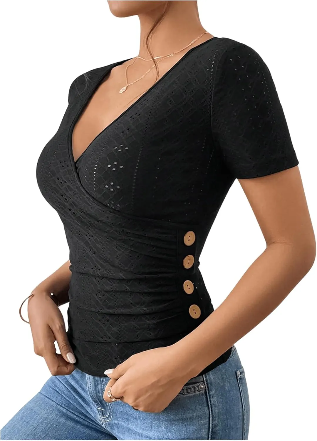 SweatyRocks Women's Short Sleeve V Neck Wrap Top Eyelet Embroidery Ruched Button Side Slim Fit T Shirt