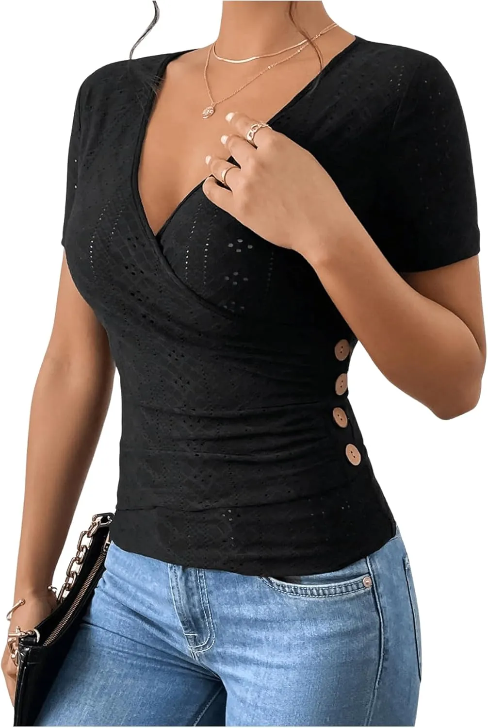 SweatyRocks Women's Short Sleeve V Neck Wrap Top Eyelet Embroidery Ruched Button Side Slim Fit T Shirt