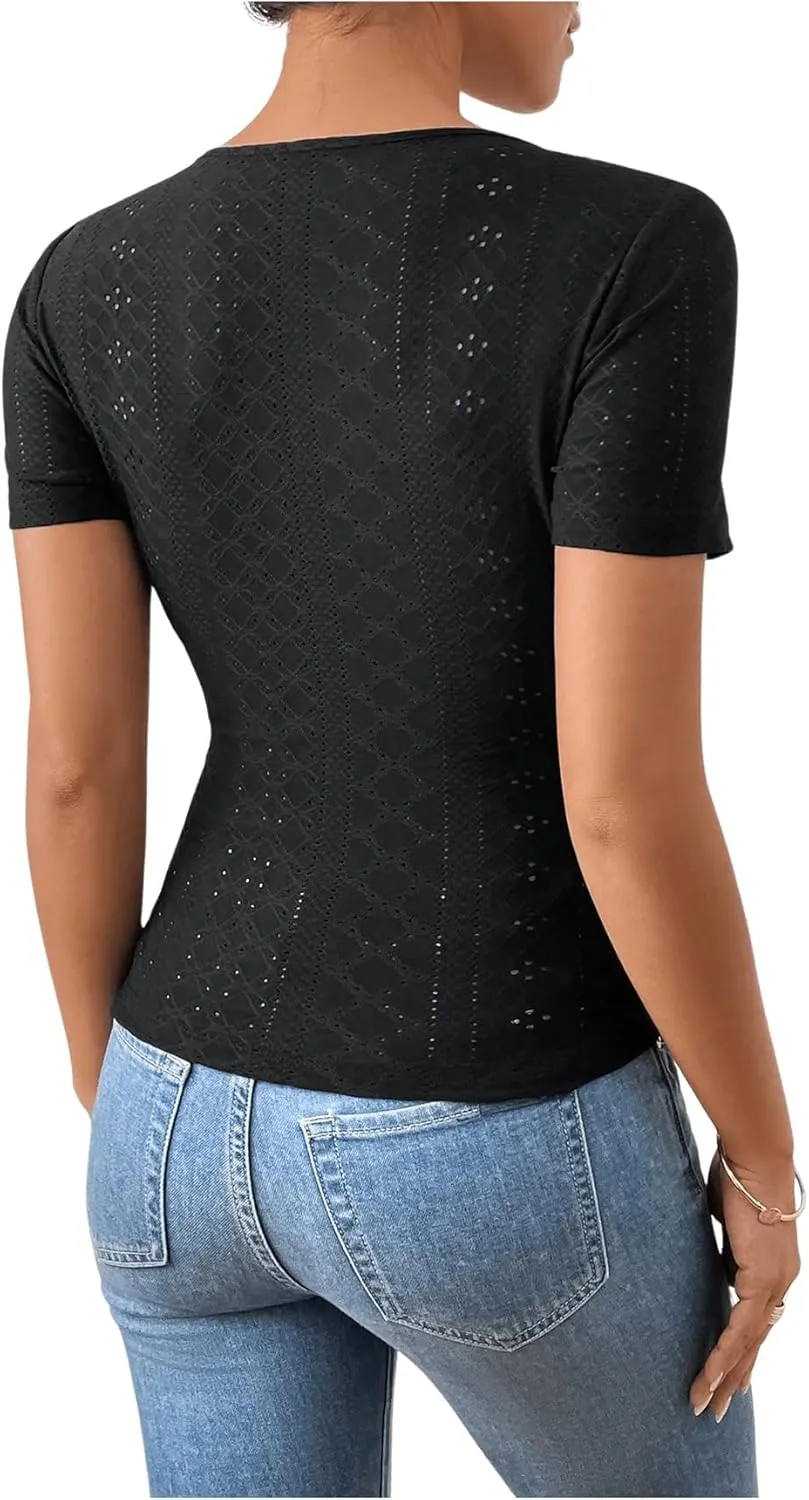 SweatyRocks Women's Short Sleeve V Neck Wrap Top Eyelet Embroidery Ruched Button Side Slim Fit T Shirt
