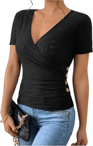 SweatyRocks Women's Short Sleeve V Neck Wrap Top Eyelet Embroidery Ruched Button Side Slim Fit T Shirt