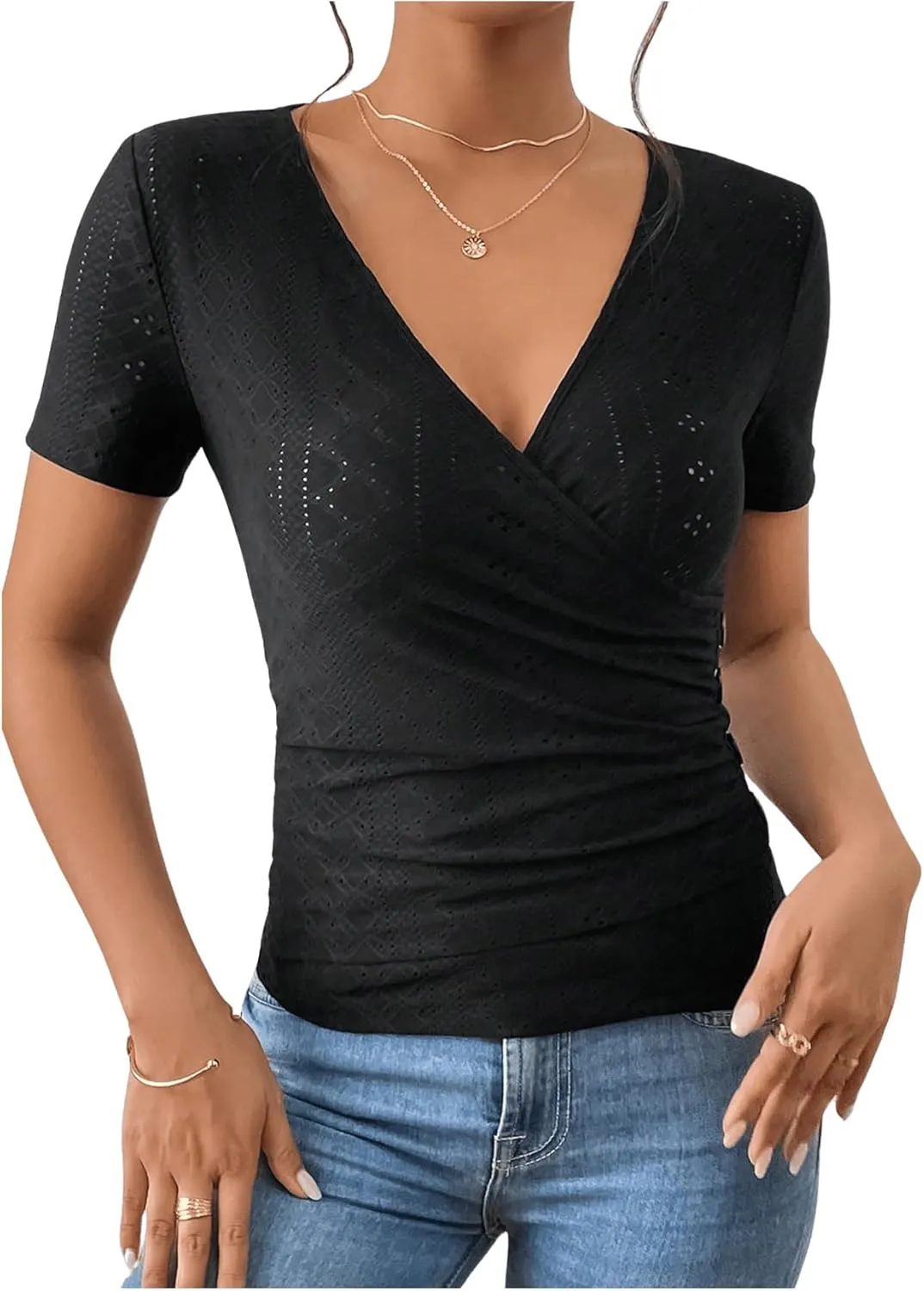 SweatyRocks Women's Short Sleeve V Neck Wrap Top Eyelet Embroidery Ruched Button Side Slim Fit T Shirt