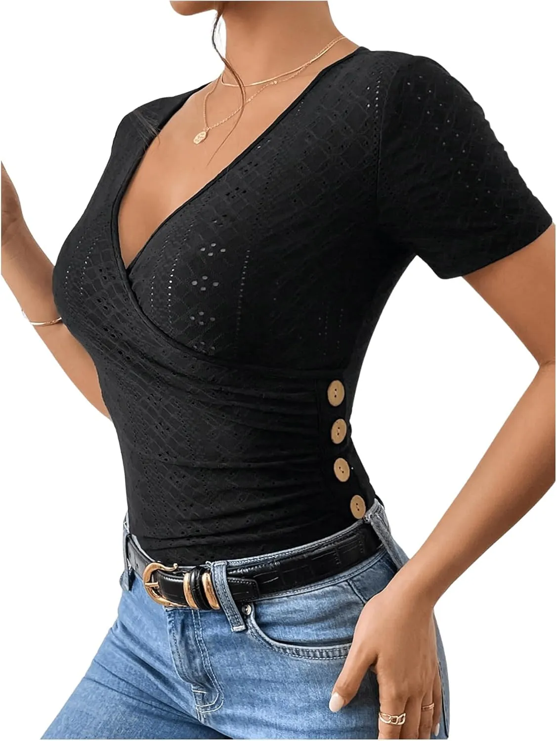 SweatyRocks Women's Short Sleeve V Neck Wrap Top Eyelet Embroidery Ruched Button Side Slim Fit T Shirt
