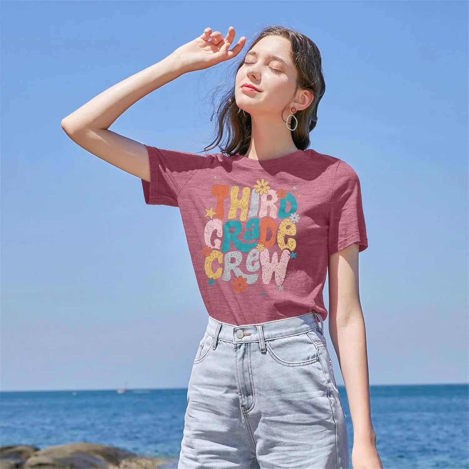 Teacher Shirt Women First Day of School T-Shirt Back to School Tshirt Kindergarten Crew Shirt Teacher Gift Tops