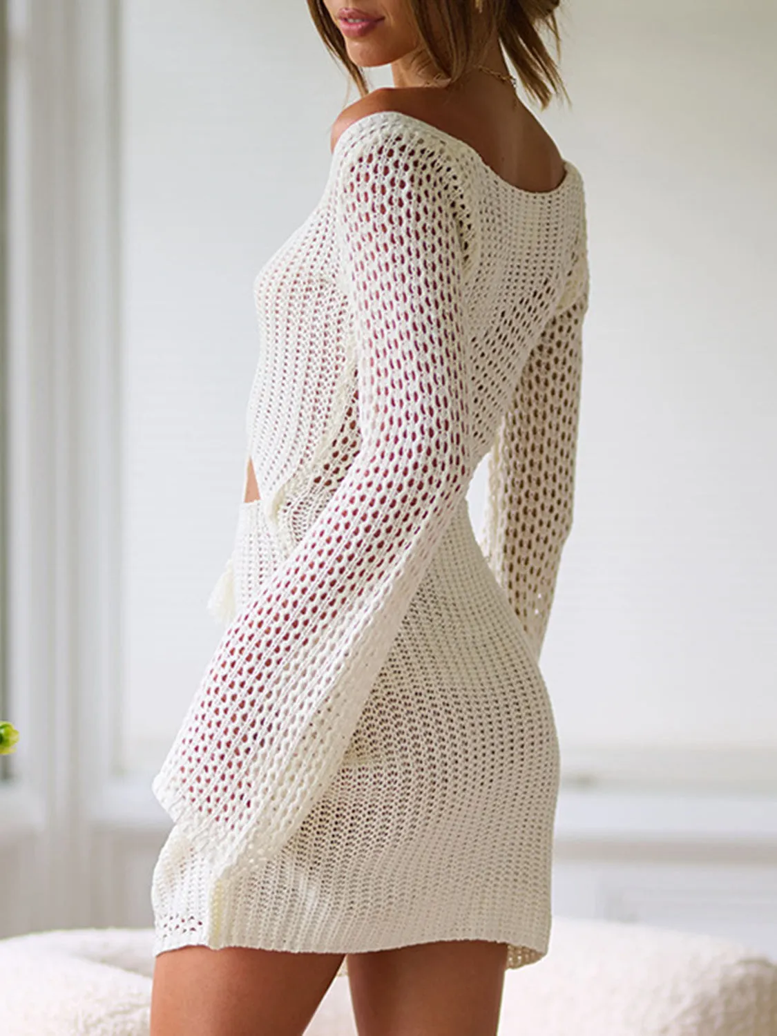 TEEK - Knitted Cutout Lace-Up Long Sleeve Cover Up