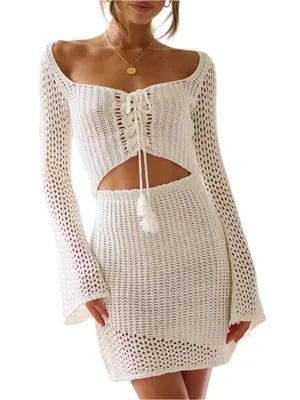 TEEK - Knitted Cutout Lace-Up Long Sleeve Cover Up