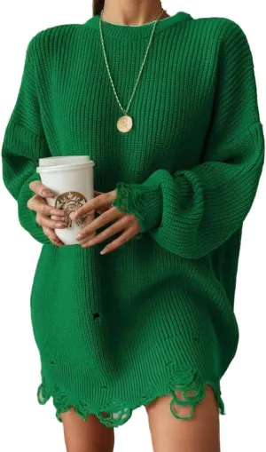 TIAFORD Womens Ripped Mini Sweater Dress Crewneck Baggy Long Sleeve Pullover Knit Dress Boyfriend Oversized Sweater