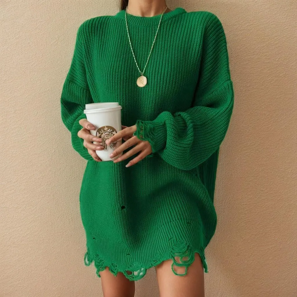 TIAFORD Womens Ripped Mini Sweater Dress Crewneck Baggy Long Sleeve Pullover Knit Dress Boyfriend Oversized Sweater