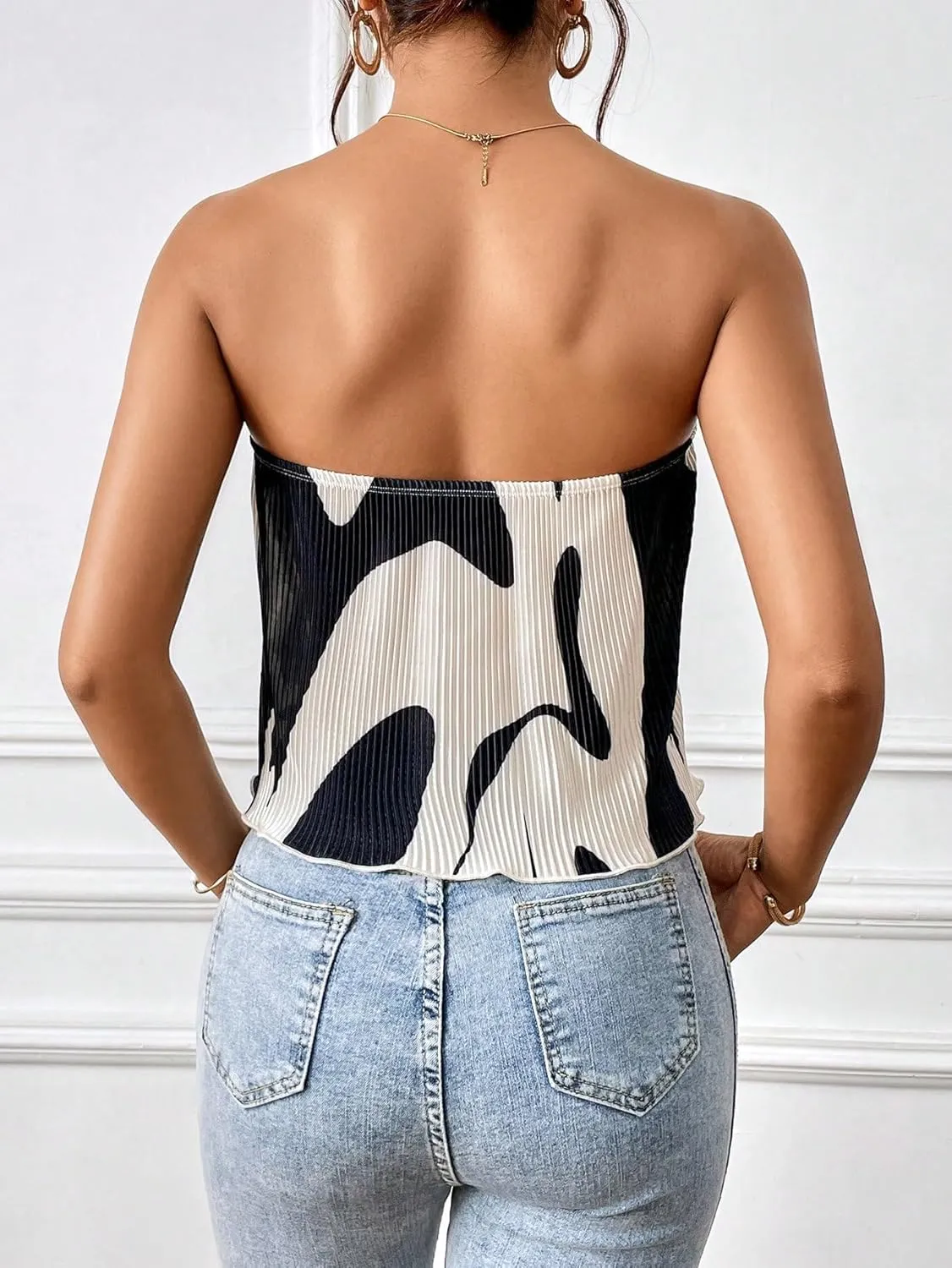 Verdusa Women's Colorblock Tube Top Casual Strapless Blouse Plisse Tops