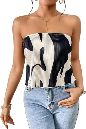 Verdusa Women's Colorblock Tube Top Casual Strapless Blouse Plisse Tops