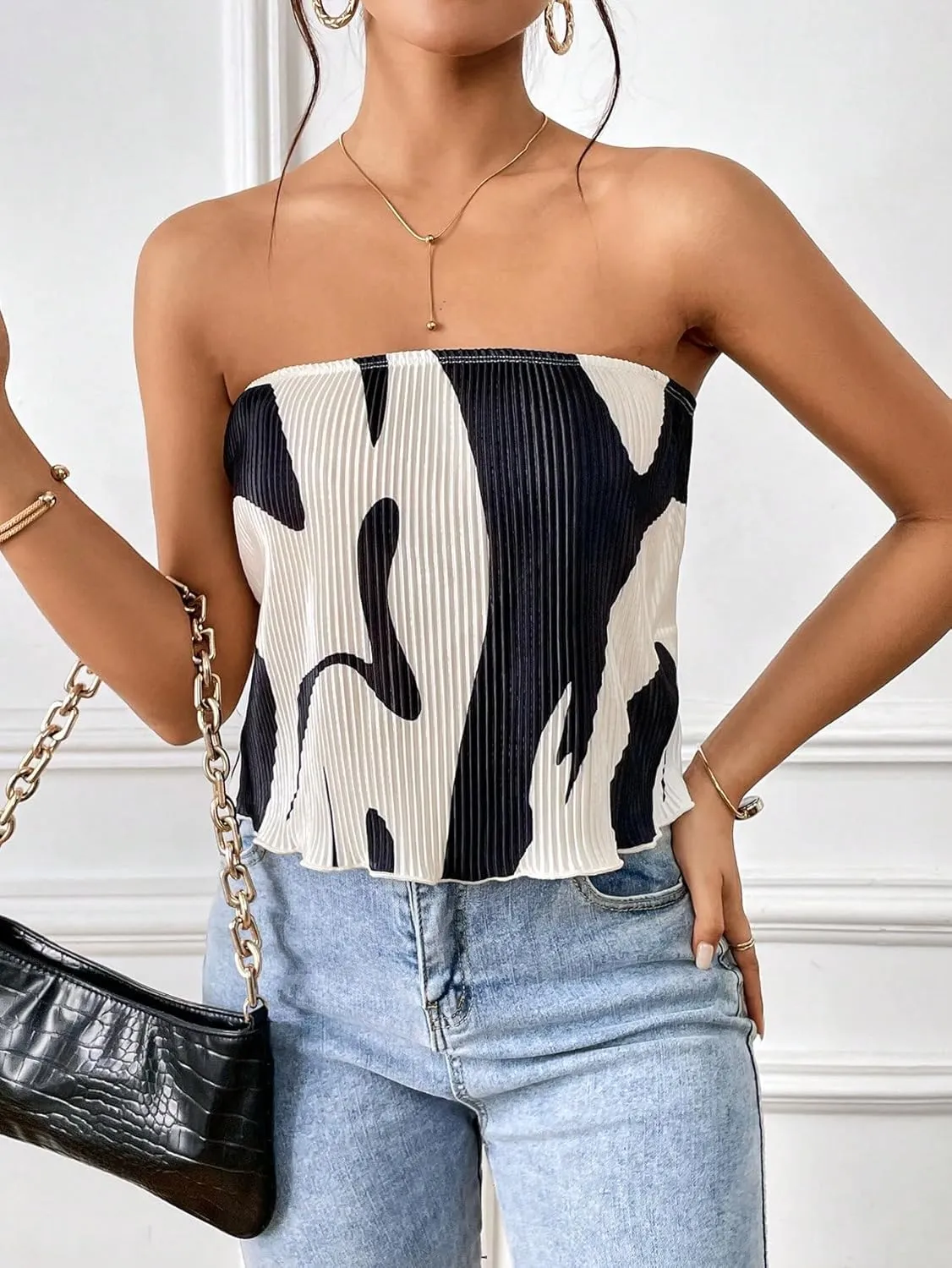 Verdusa Women's Colorblock Tube Top Casual Strapless Blouse Plisse Tops