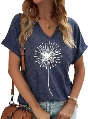 Vintage Flowers V Neck Shirt for Women Boho Floral Wildflowers Graphic Tee Casual Cottagecore Summer T Shirt