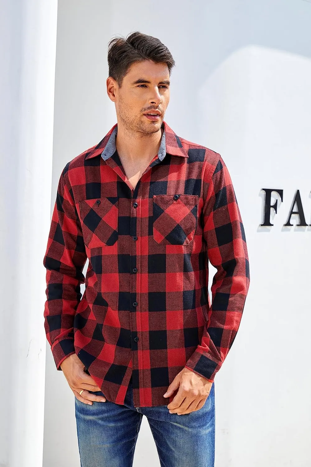 WARHORSEE Flannel Shirt for Men Long Sleeve Regular Fit Button Down Casual Plaid Shirt