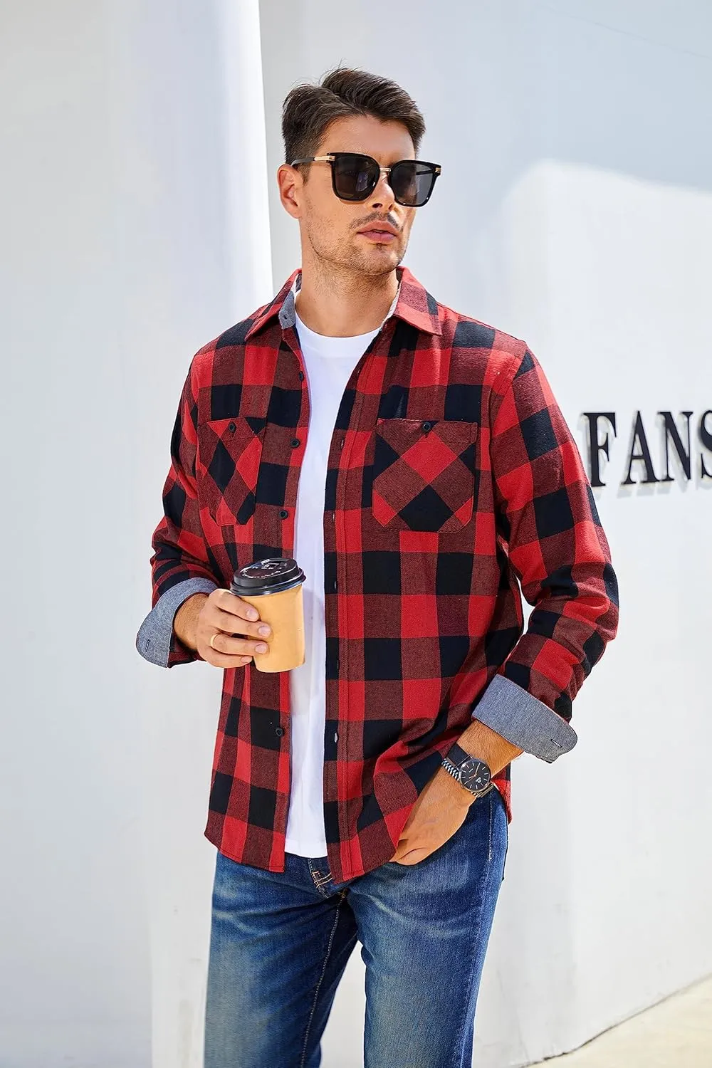WARHORSEE Flannel Shirt for Men Long Sleeve Regular Fit Button Down Casual Plaid Shirt