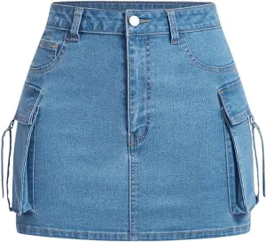 WDIRARA Women's High Waisted Denim Cargo Mini Skirt Stretchy Bodycon Jean Skirts
