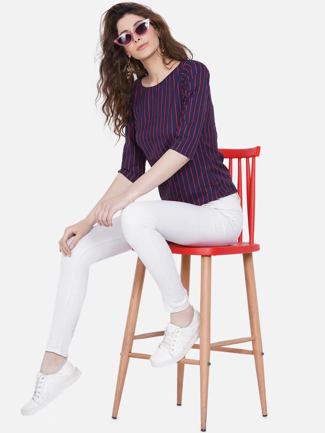 Women Blue Striped Crepe Top