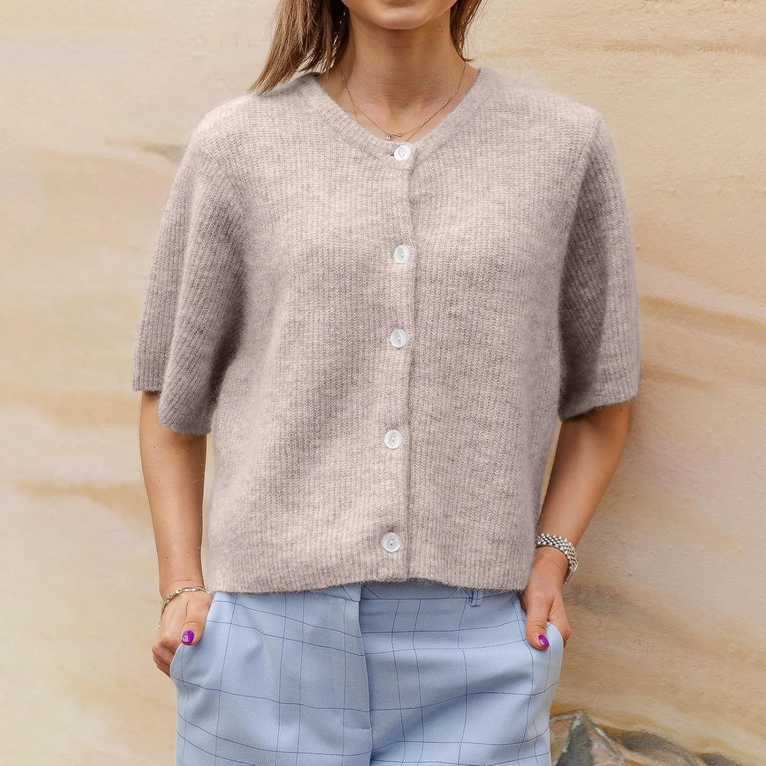 Women Knitted Crop Cardigan Shirt Y2k Short Sleeve Cardigan Button Up Rib Knit Elegant Loose Fit Sweater Tops